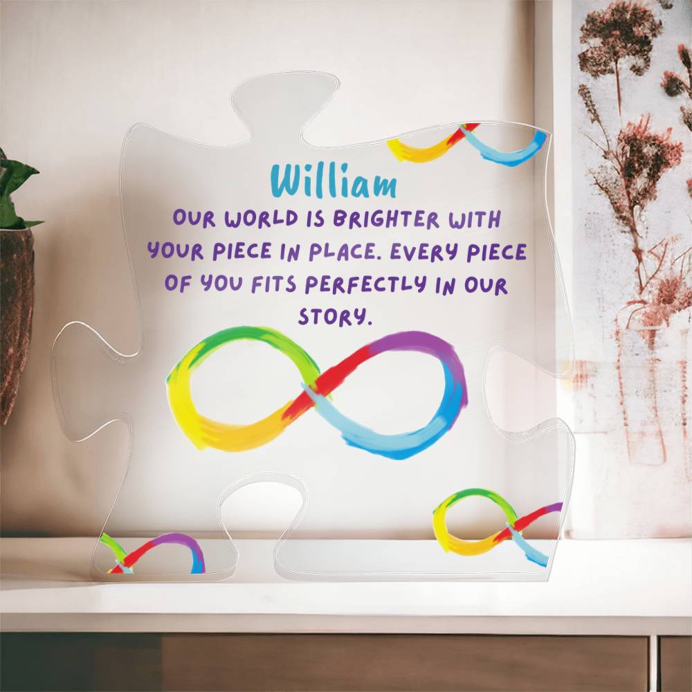 Acrylic Puzzle Piece Personalized Gift Keepsake, Custom Home Decor Featuring Infinty Symbol