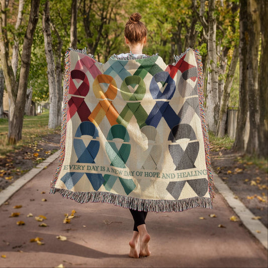 Courage in Color Blanket – Woven Cancer Awareness Ribbons Throw for Chemo, Hospital, or Recovery Gift – Comfort Gift for Friend in Treatment