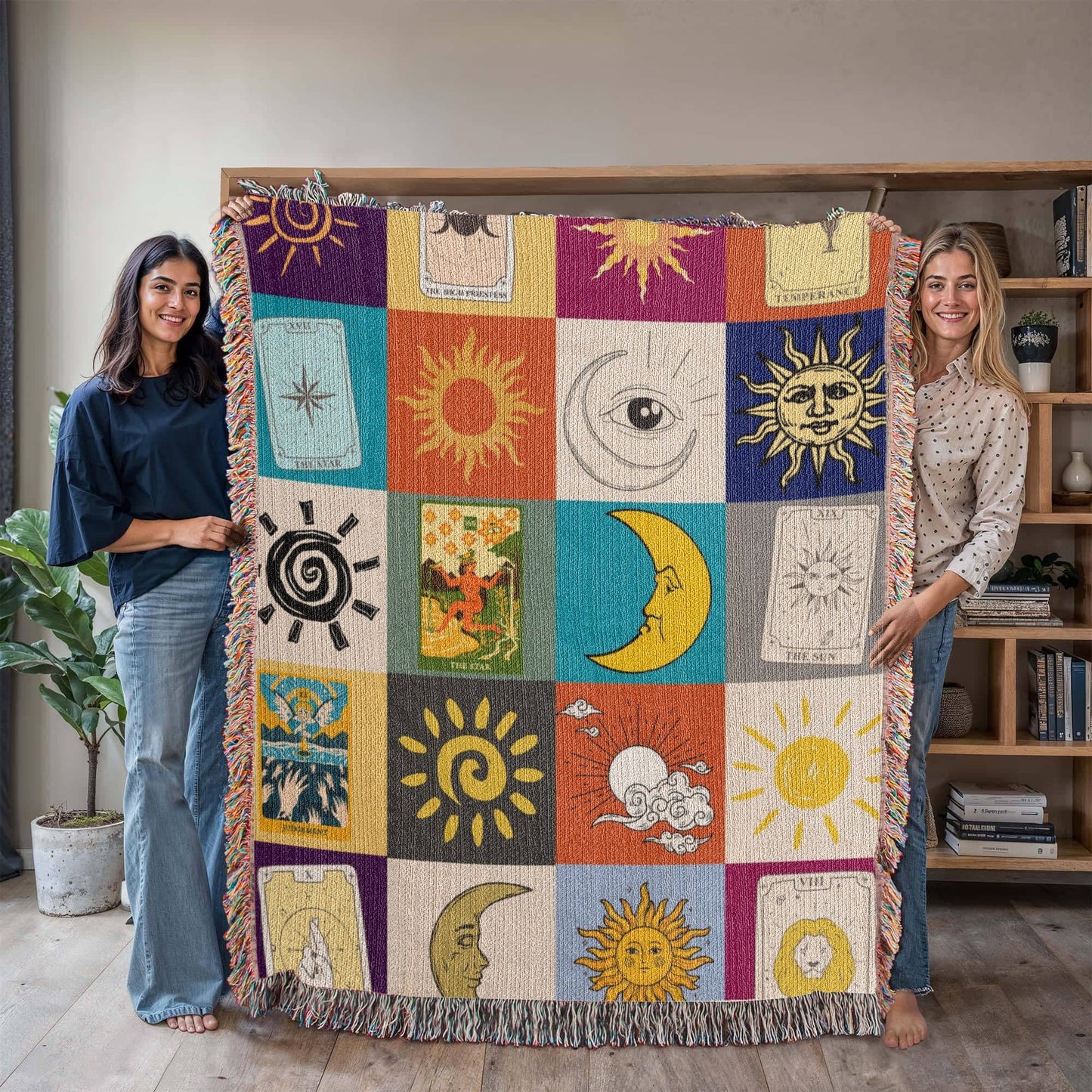 Tarot Woven Blanket – Celestial Sun Moon Throw with Major Arcana Cards, Astrology Decor, Cozy Boho Gift for Spiritual Friends