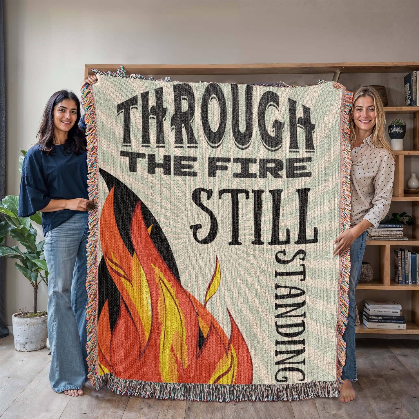 Through the Fire Still Standing Blanket – Encouragement Gift, Woven Strength Throw, Mental Health Recovery Gift for Men or Women