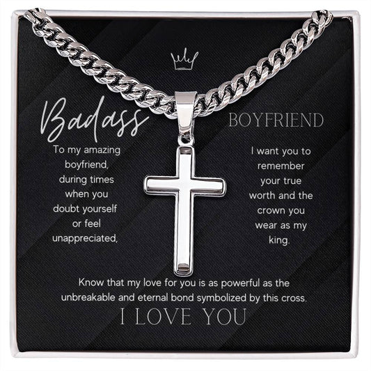 Badass Boyfriend Artisan Cross Necklace on Cuban Chain Gift | Boyfriend Gift Anniversary Birthday - BespokeBliss