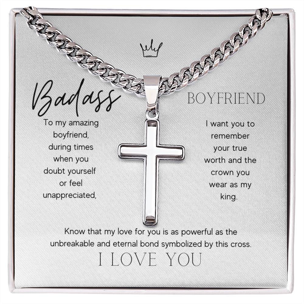 Badass Boyfriend Artisan Cross Necklace on Cuban Chain Gift | Boyfriend Gift Anniversary Birthday - BespokeBliss