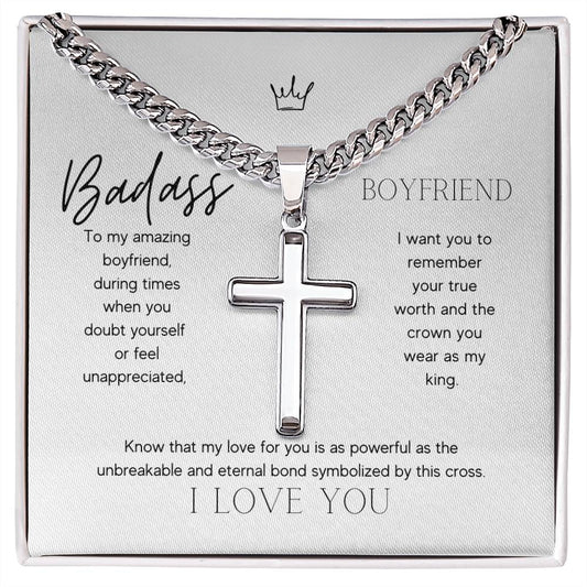 Badass Boyfriend Artisan Cross Necklace on Cuban Chain Gift | Boyfriend Gift Anniversary Birthday - BespokeBliss