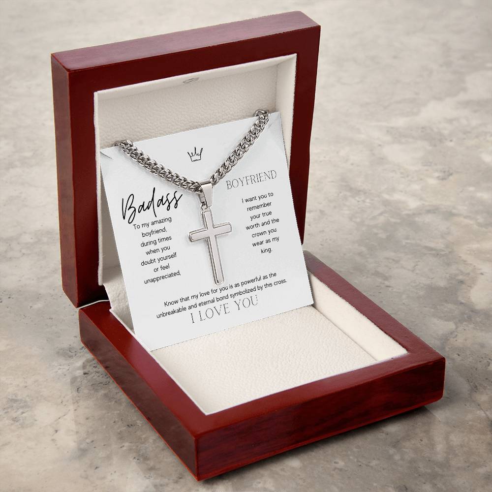 Badass Boyfriend Artisan Cross Necklace on Cuban Chain Gift | Boyfriend Gift Anniversary Birthday - BespokeBliss