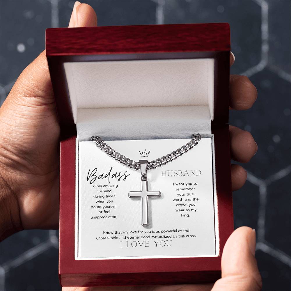 Badass Husband Artisan Cross Necklace on Cuban Chain Gift | Husband Gift Anniversary Birthday - BespokeBliss