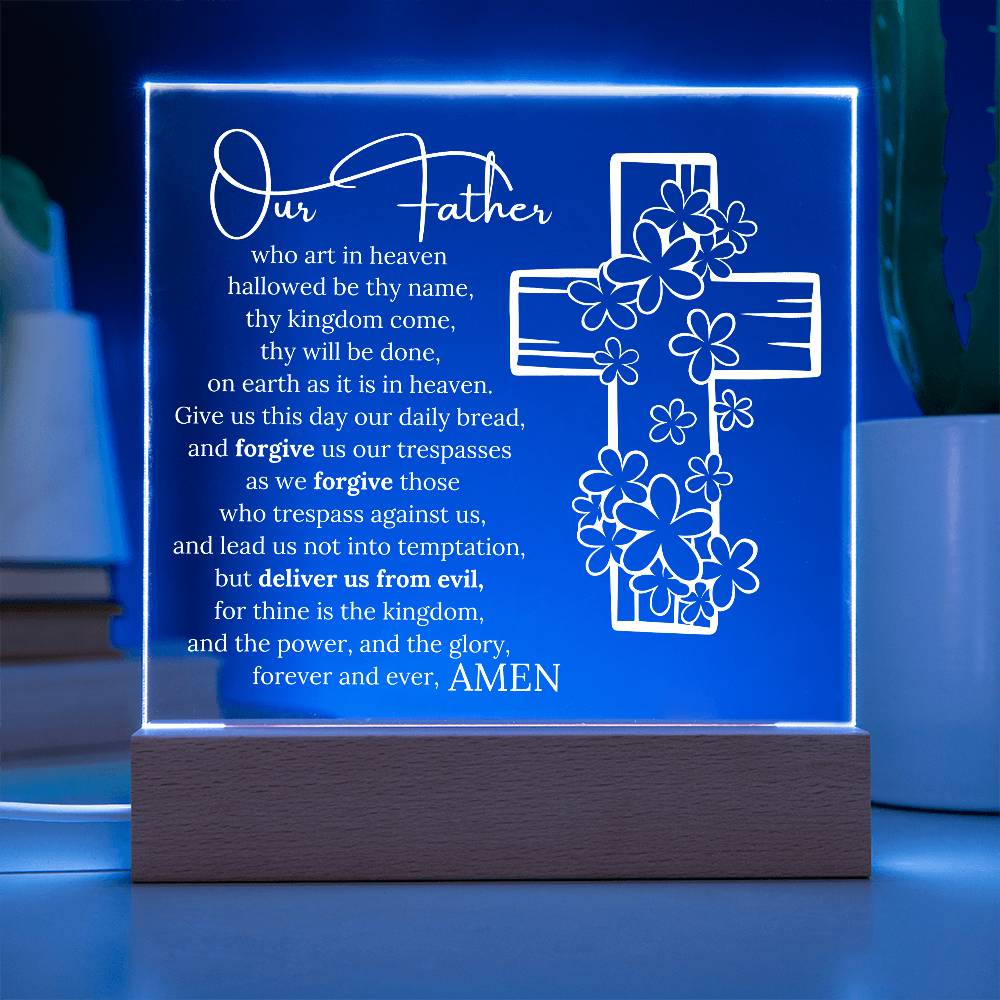 Lords Prayer, Acrylic Wooden Base, Night Light with 7 LED lighting options