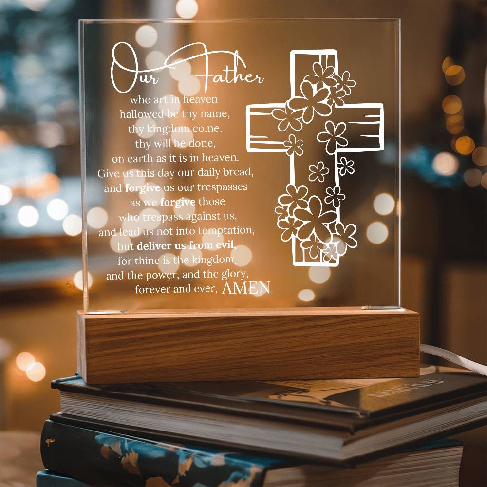 Lords Prayer, Acrylic Wooden Base, Night Light with 7 LED lighting options