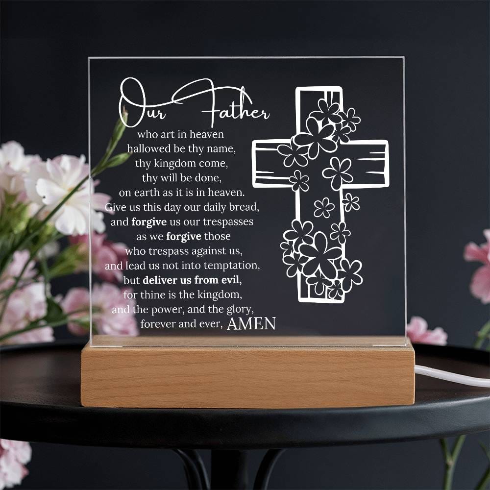 Lords Prayer, Acrylic Wooden Base, Night Light with 7 LED lighting options