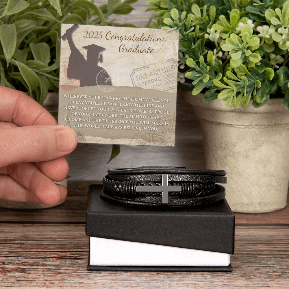 Congratulations Graduate, Leather Cross Bracelet to protect you on your journey
