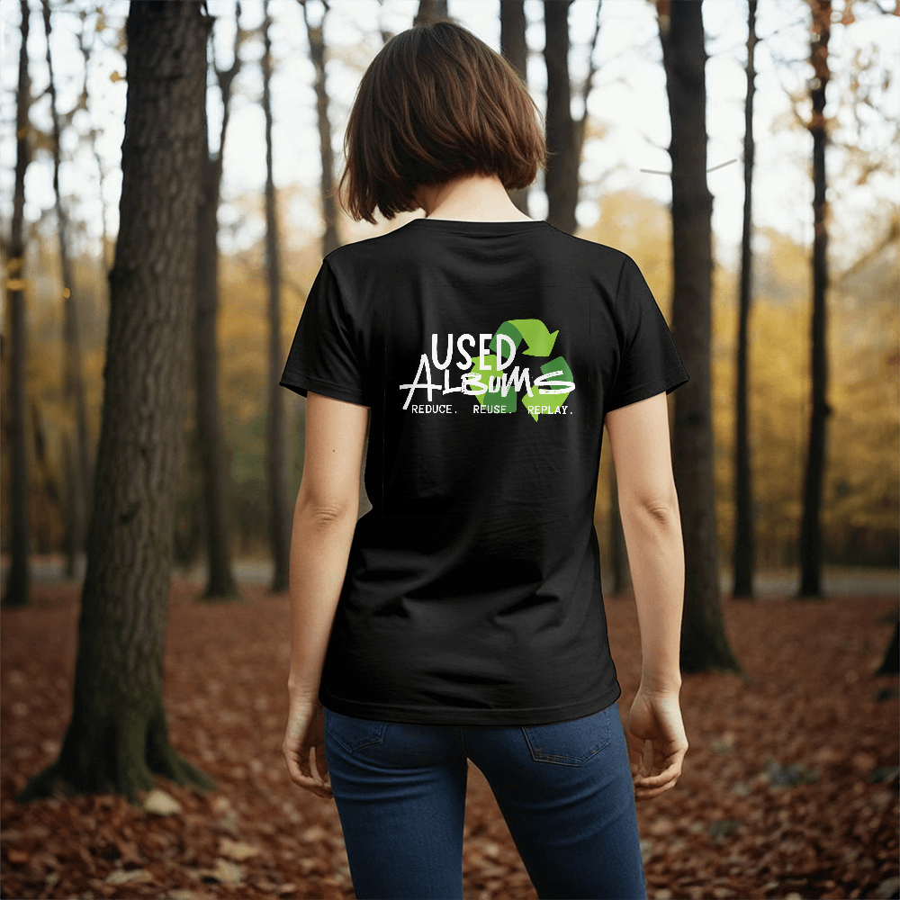 USED ALBUMS  REDUCE. REUSE. REPLAY. Back Print Tshirt - Support Keeping Great Music Alive