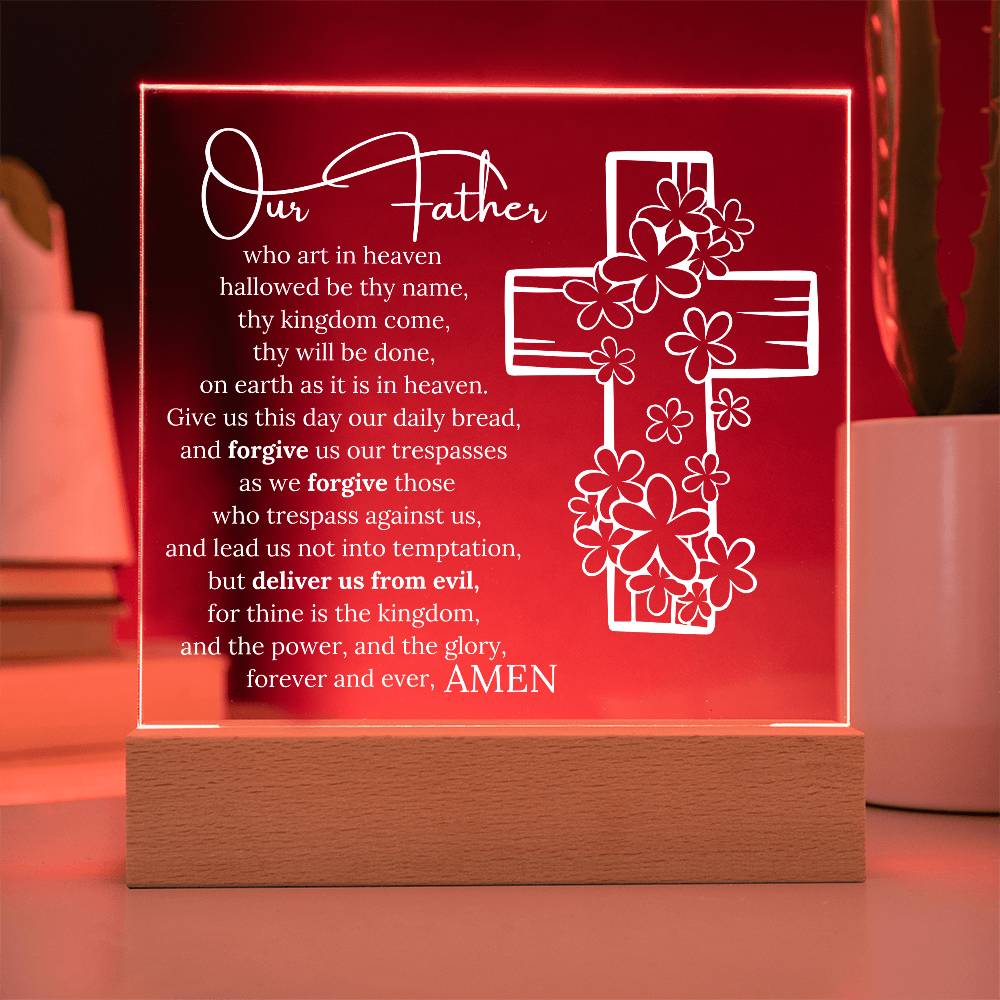 Lords Prayer, Acrylic Wooden Base, Night Light with 7 LED lighting options