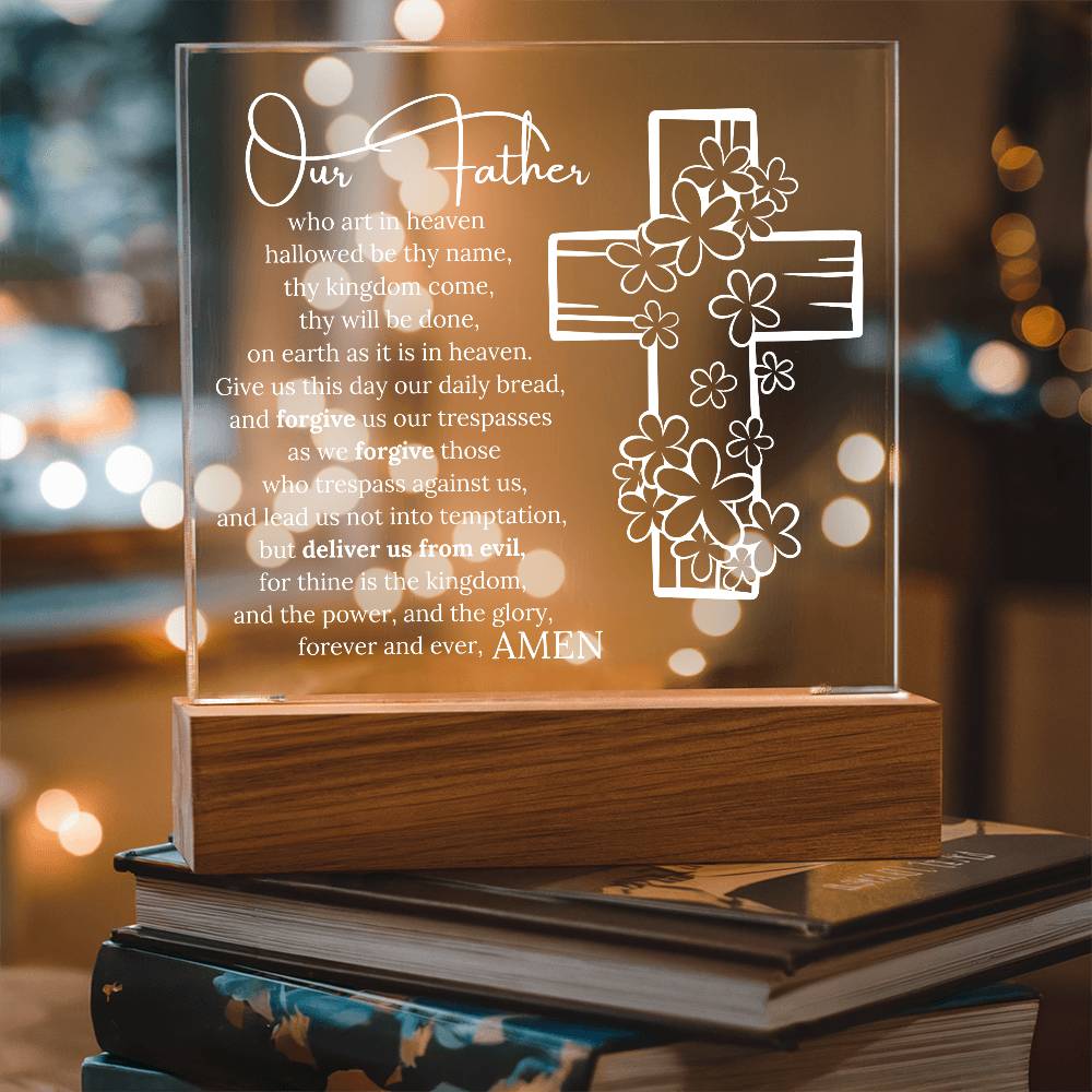 Lords Prayer, Acrylic Wooden Base, Night Light with 7 LED lighting options