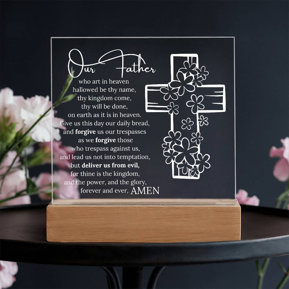 Lords Prayer, Acrylic Wooden Base, Night Light with 7 LED lighting options
