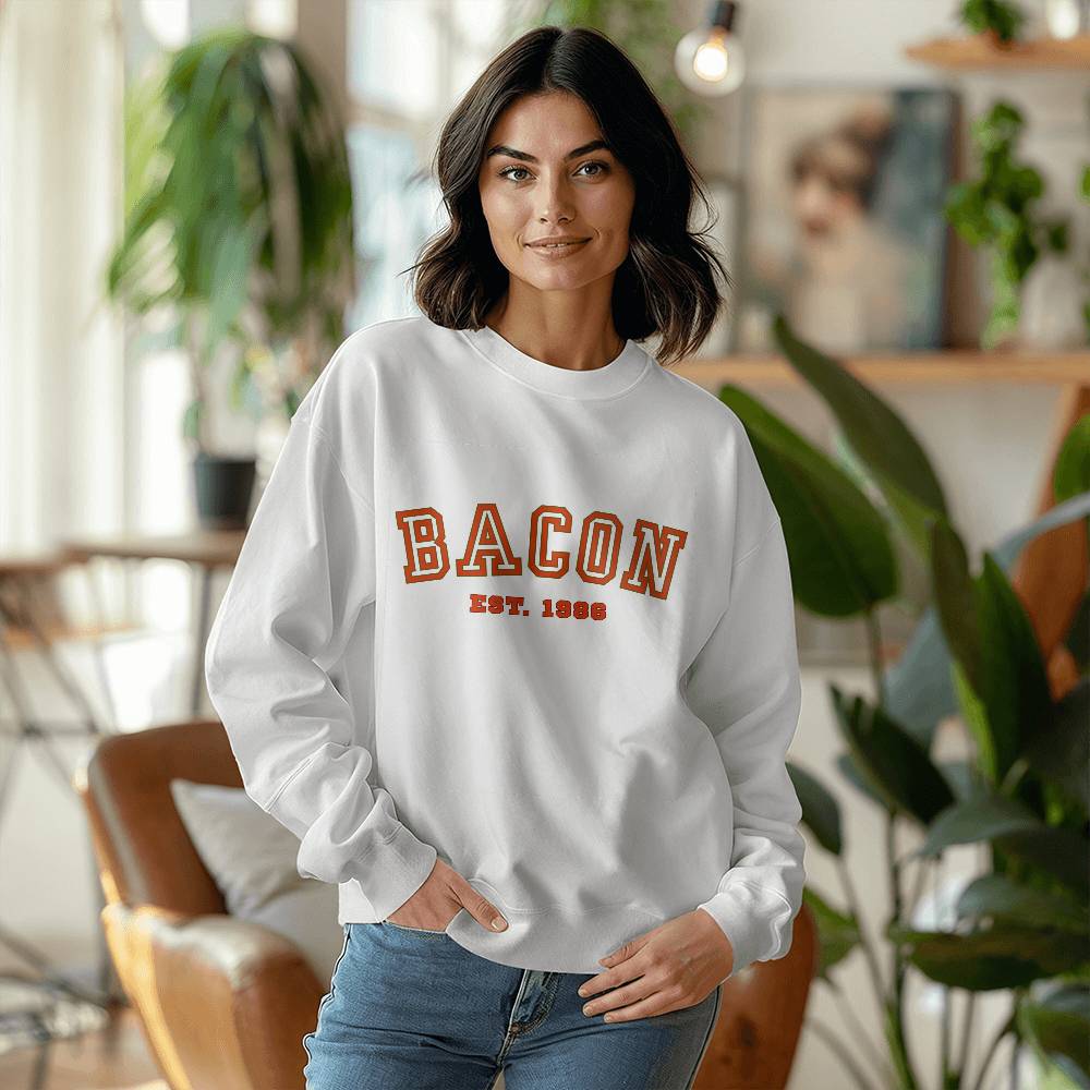 BACON 1986 University Style Gildan 18000 Unisex Crewneck Sweatshirt, Front Print