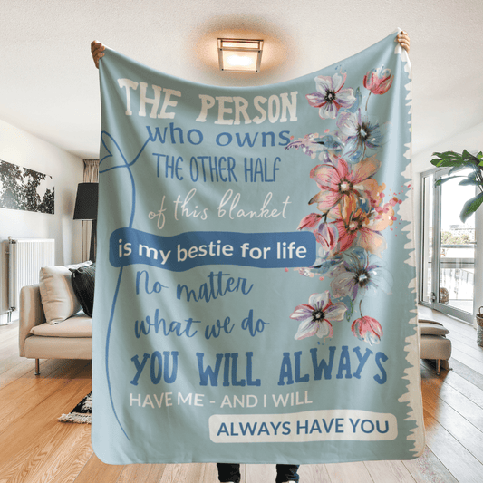 Bestie for Life Blanket - Subtle Blue with Water Color Flower Design