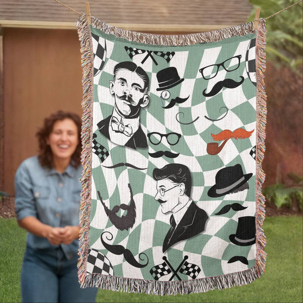 Gift for Men, Moustache Men, Distinguished Males, Heirloom Woven Blanket (Portrait)